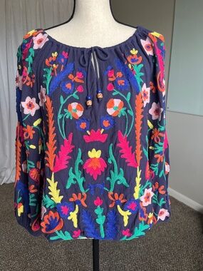 Soft Surroundings Embroidered Boho Peasant Blouse Navy Floral Off Shoulder S/M